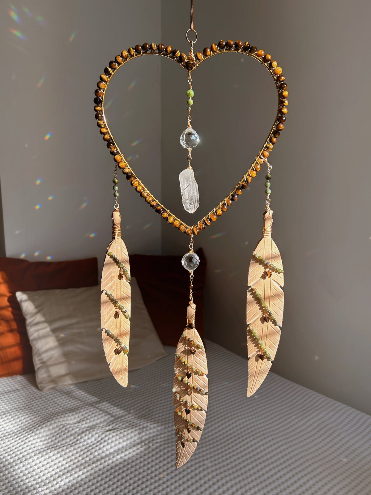 20'' Heart Sun&Dream Catcher with Tiger Eye, Jade and Clear Quartz