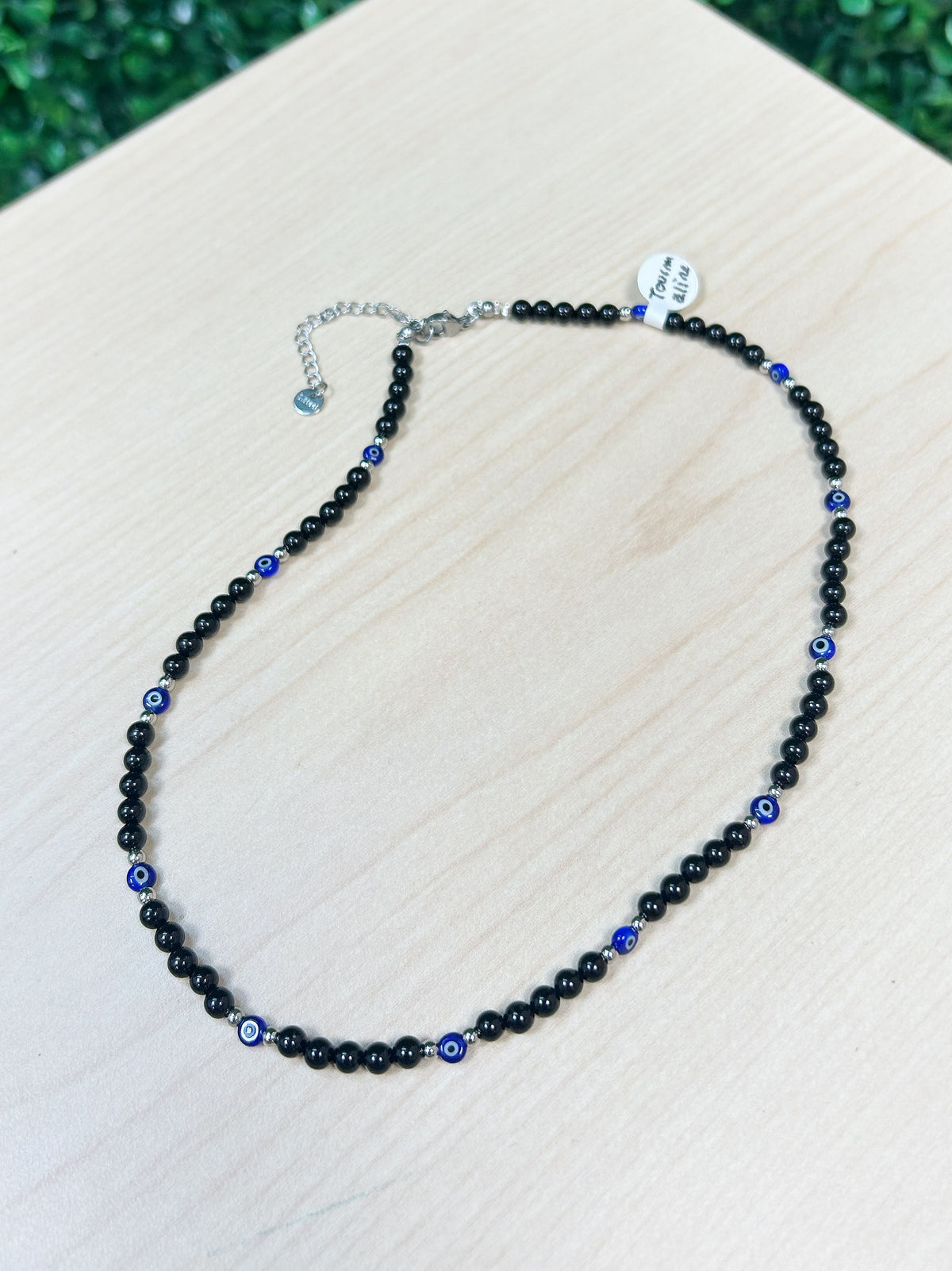 Black Tourmaline and Evil Eye Adjustable Beaded Necklace 4mm