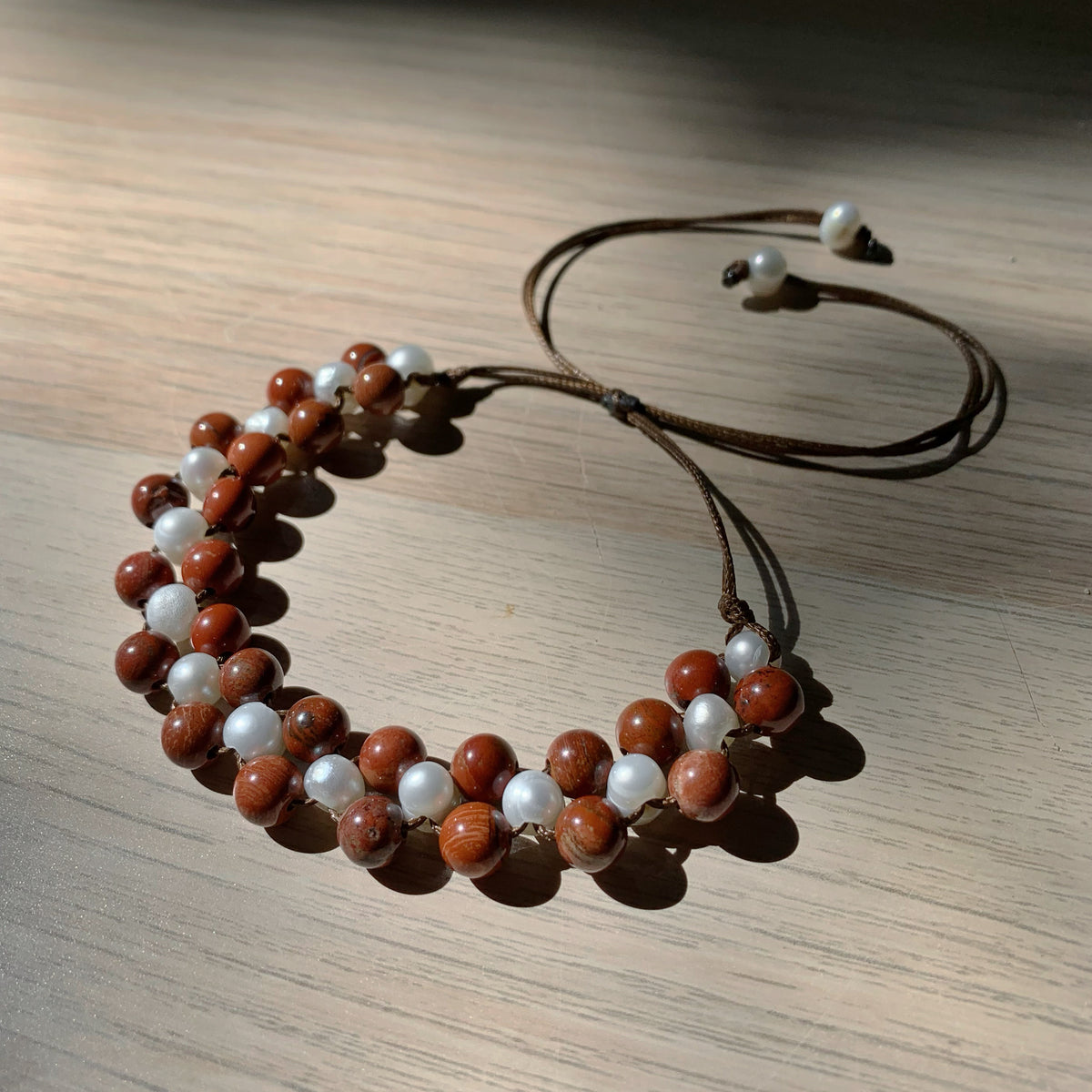 Red Jasper & Freshwater Pearl Anklet - Adjustable Cord