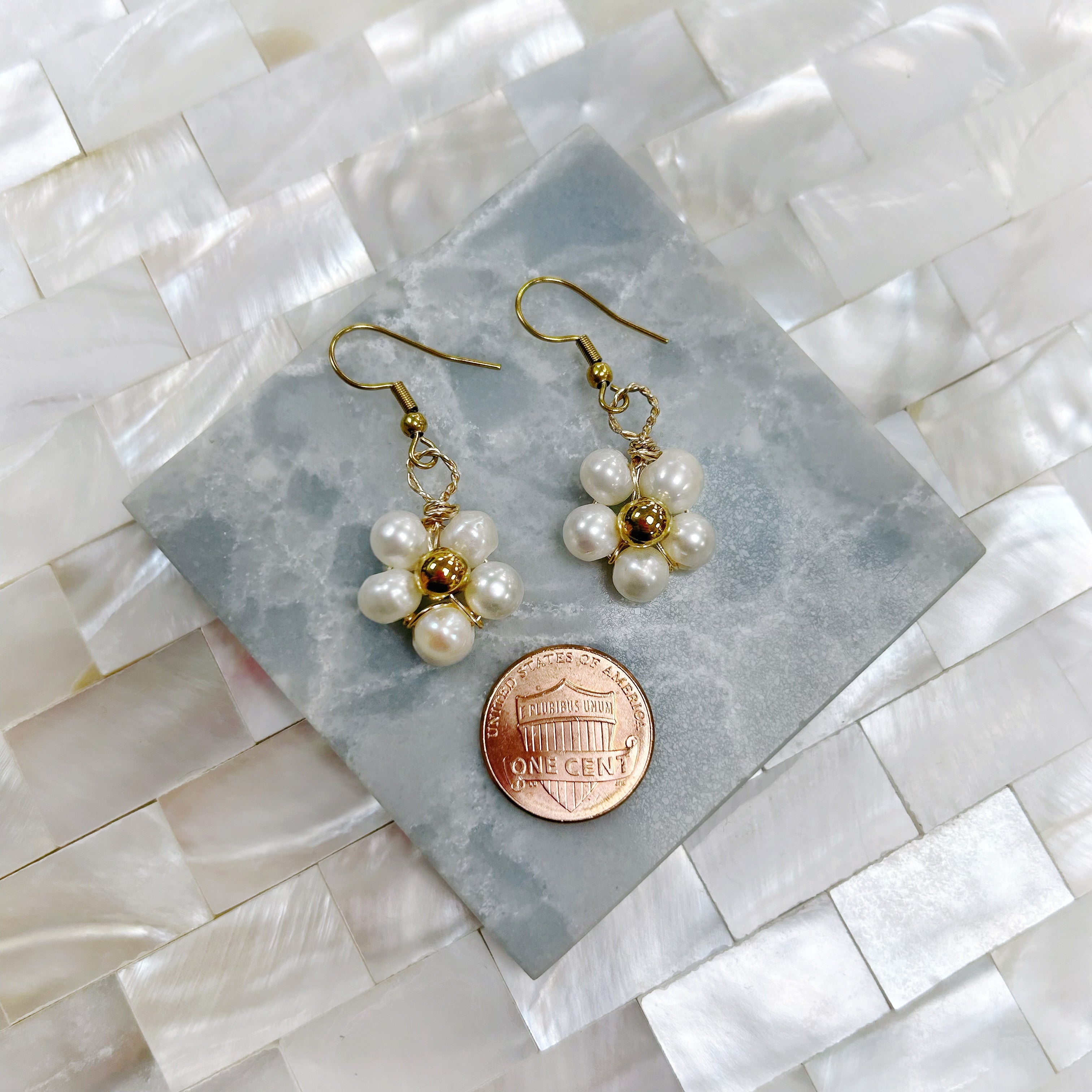 Freshwater Pearl Flower Gold Earrings 8mm