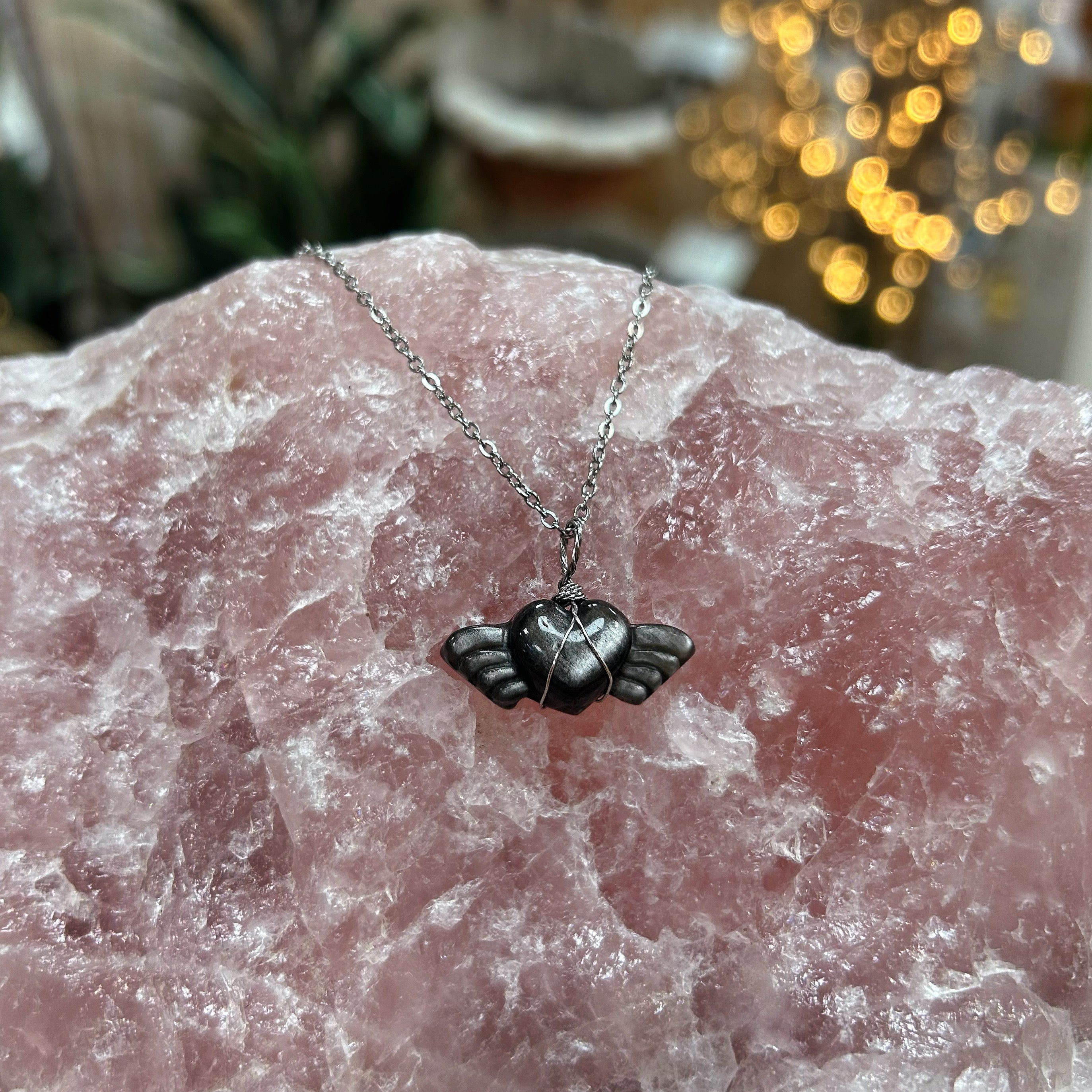 Silver Sheen Obsidian Heart with Wings - Stainless Steel Necklace