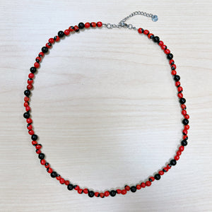 Huayruro and Onyx Adjustable Beaded Necklace 4mm - Stainless Steel