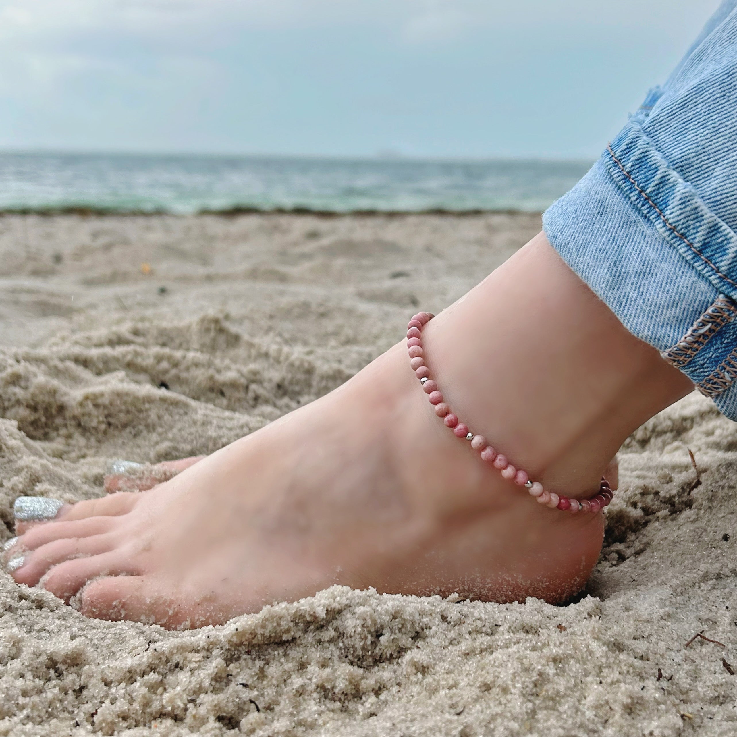 Rhodonite Anklet 4mm - Silver Stainless Steel