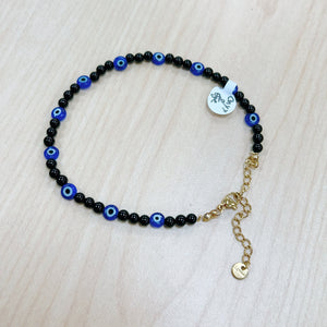 Onyx and Evil Eye Anklet 4mm - Gold Stainless Steel