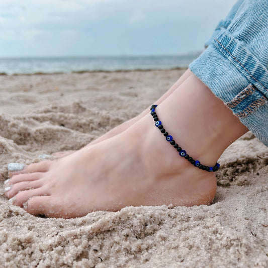 Tourmaline and Evil Eye Anklet 4mm - Gold Stainless Steel