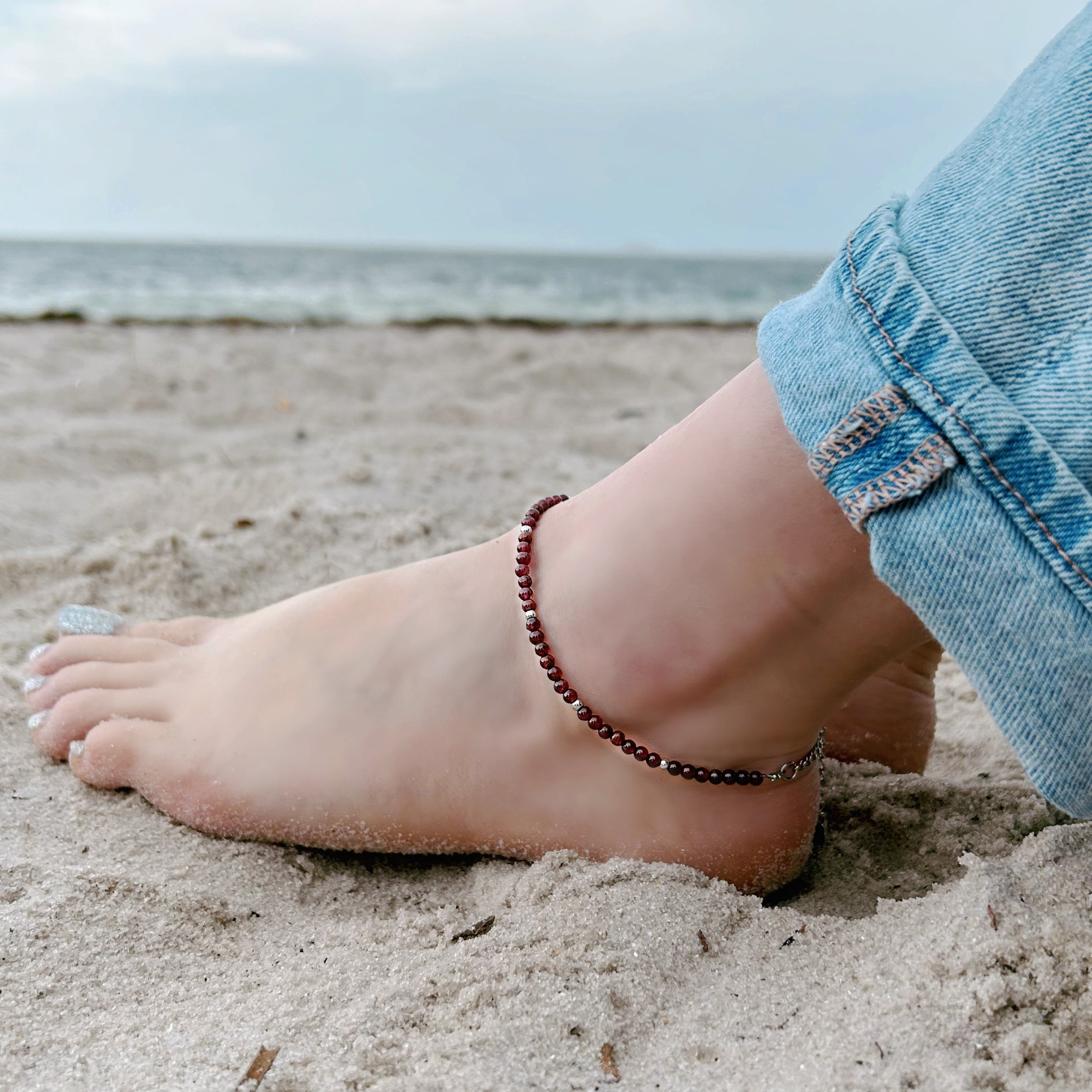 Garnet Anklet 4mm - Silver Stainless Steel