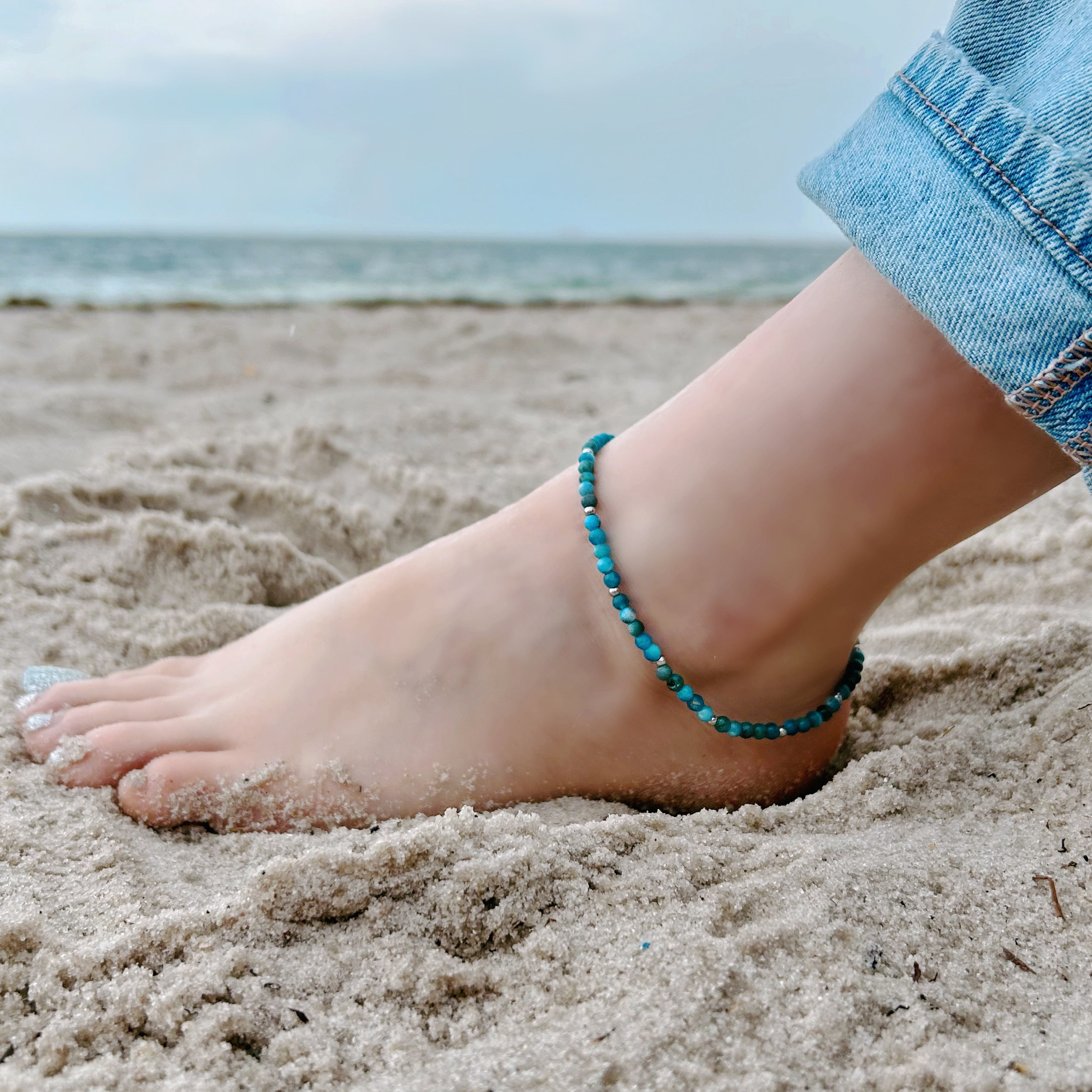 Blue Apatite Anklet 4mm - Silver Stainless Steel