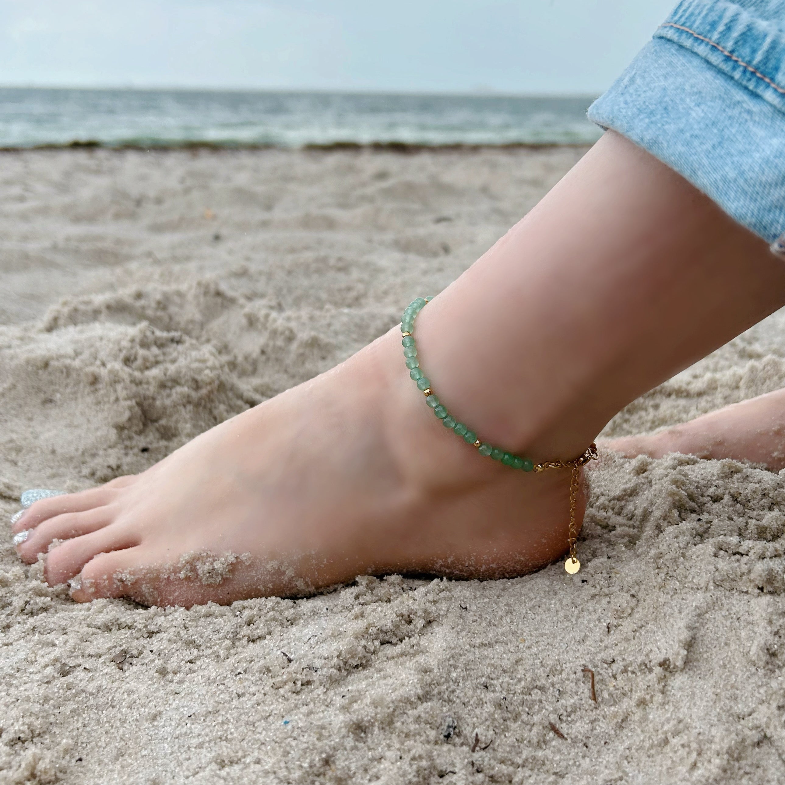 Green Aventurine Anklet 4mm - Gold Stainless Steel