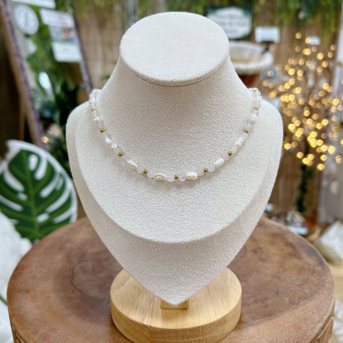 Rose Quartz and Freshwater Pearl Adjustable Beaded Necklace 4mm