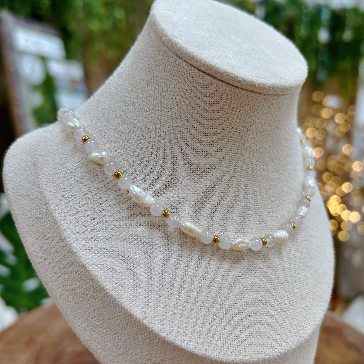 Rose Quartz and Freshwater Pearl Adjustable Beaded Necklace 4mm
