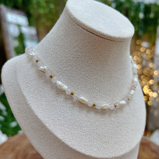 Rose Quartz and Freshwater Pearl Adjustable Beaded Necklace 4mm