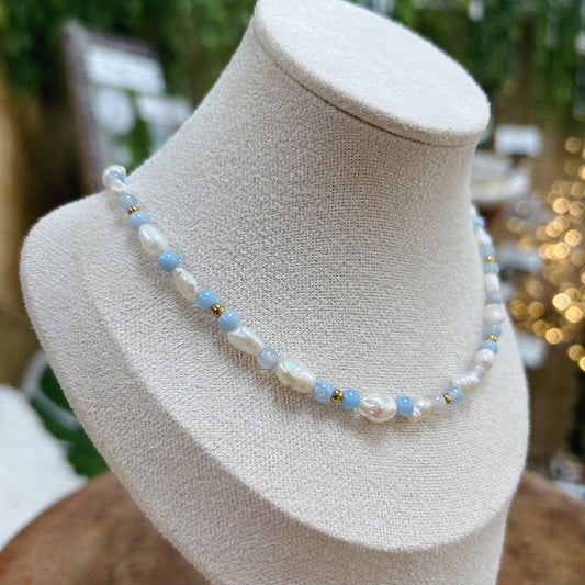 Blue Lace Agate and Freshwater Pearl Adjustable Beaded Necklace 4mm