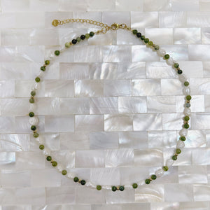 Jade and Freshwater Pearl Adjustable Beaded Necklace 4mm - Gold Stainless Steel