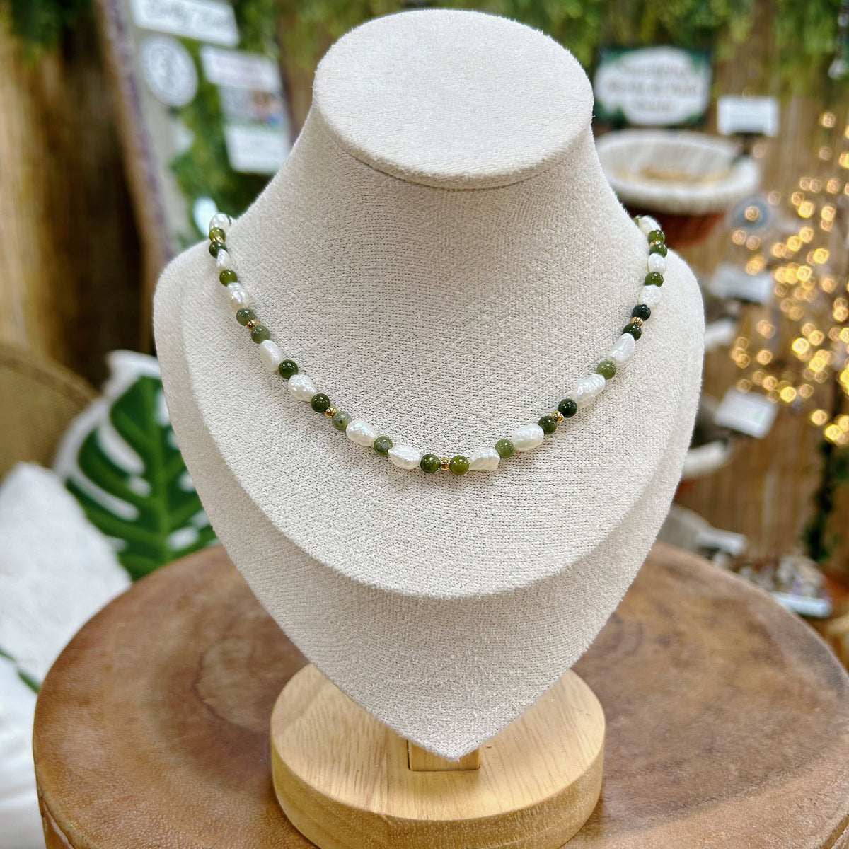 Jade and Freshwater Pearl Adjustable Beaded Necklace 4mm