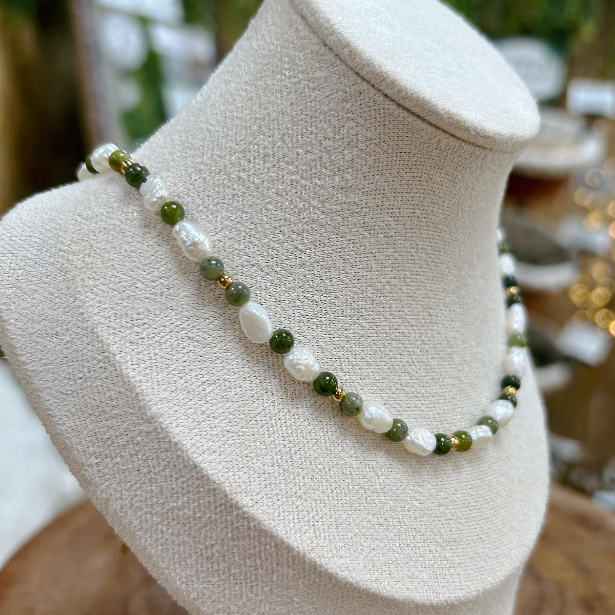 Jade and Freshwater Pearl Adjustable Beaded Necklace 4mm