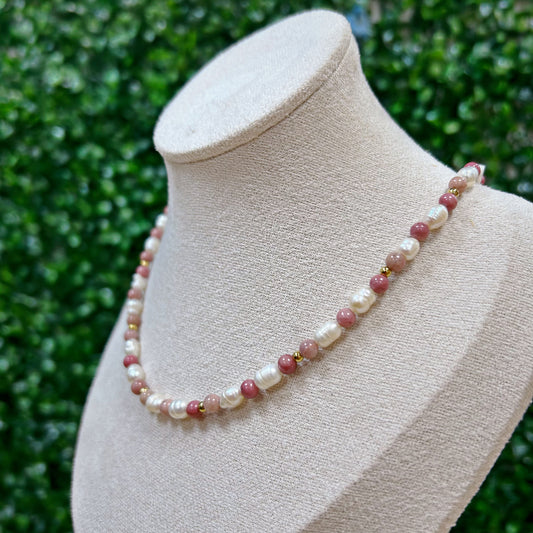 Rhodonite and Freshwater Pearl Adjustable Beaded Necklace 4mm