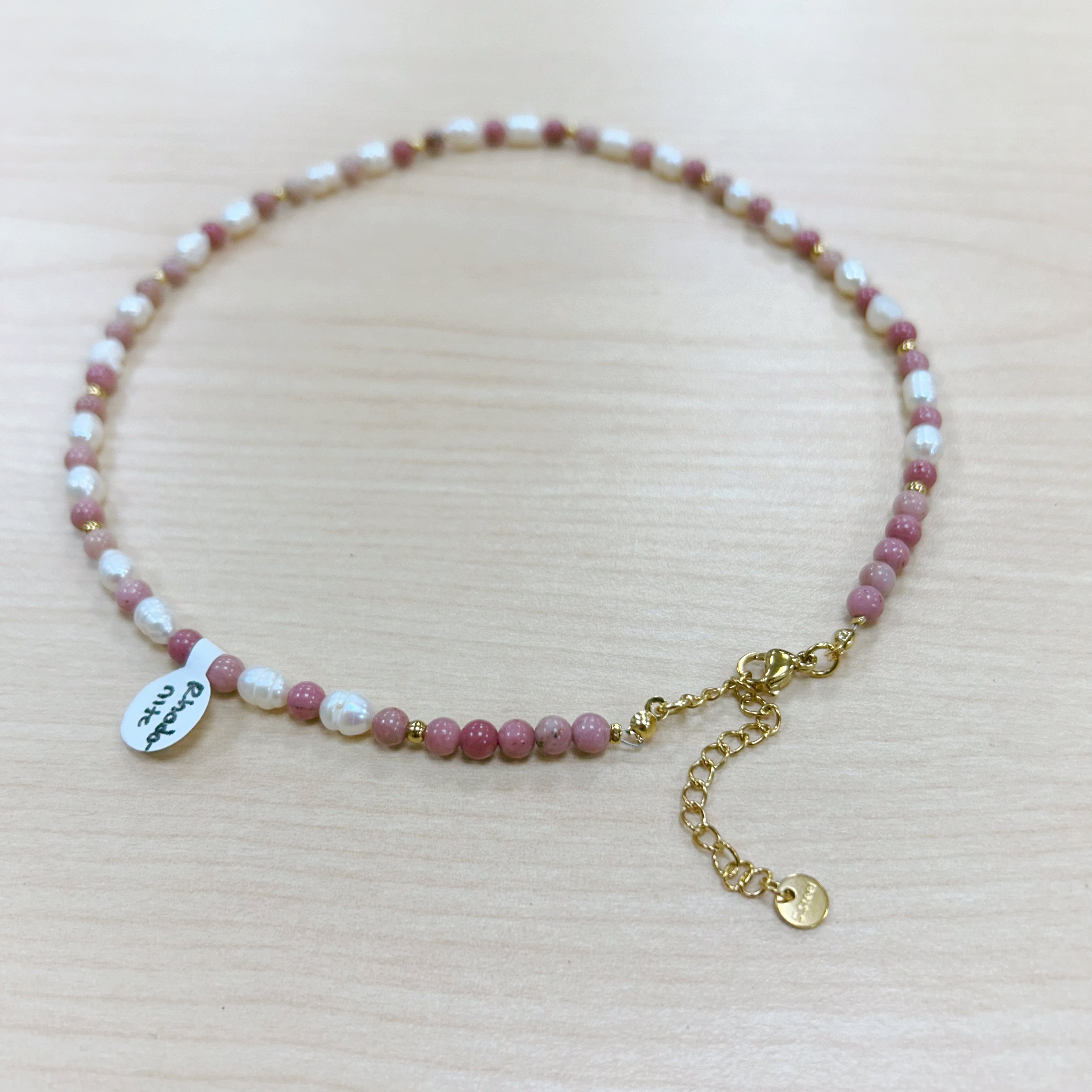 Rhodonite and Freshwater Pearl Adjustable Beaded Necklace 4mm - Gold Stainless Steel