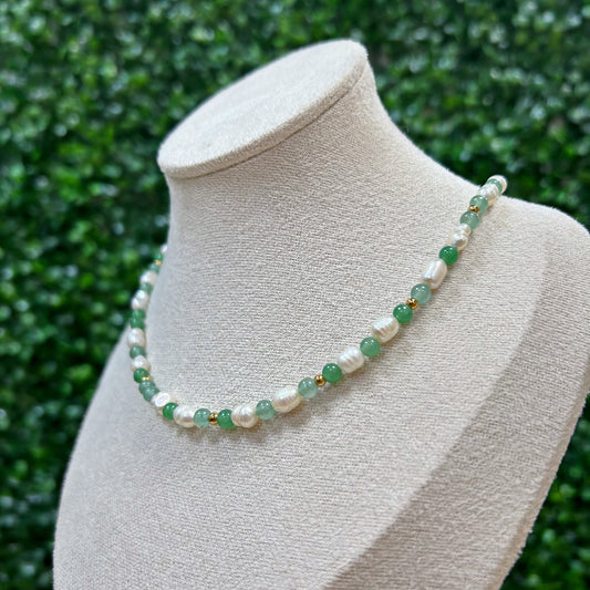 Aventurine and Freshwater Pearl Adjustable Beaded Necklace 4mm