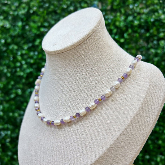 Amethyst and Freshwater Pearl Adjustable Beaded Necklace 4mm