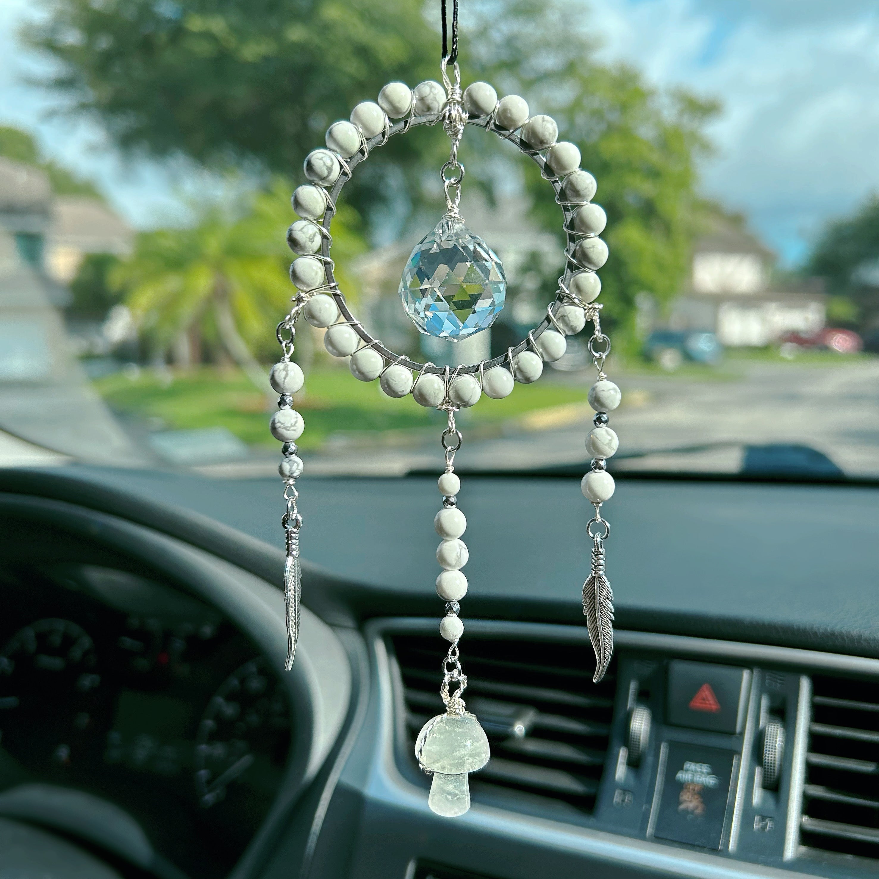 Howlite and Clear Quartz Dream Catcher Style - Car Hanger