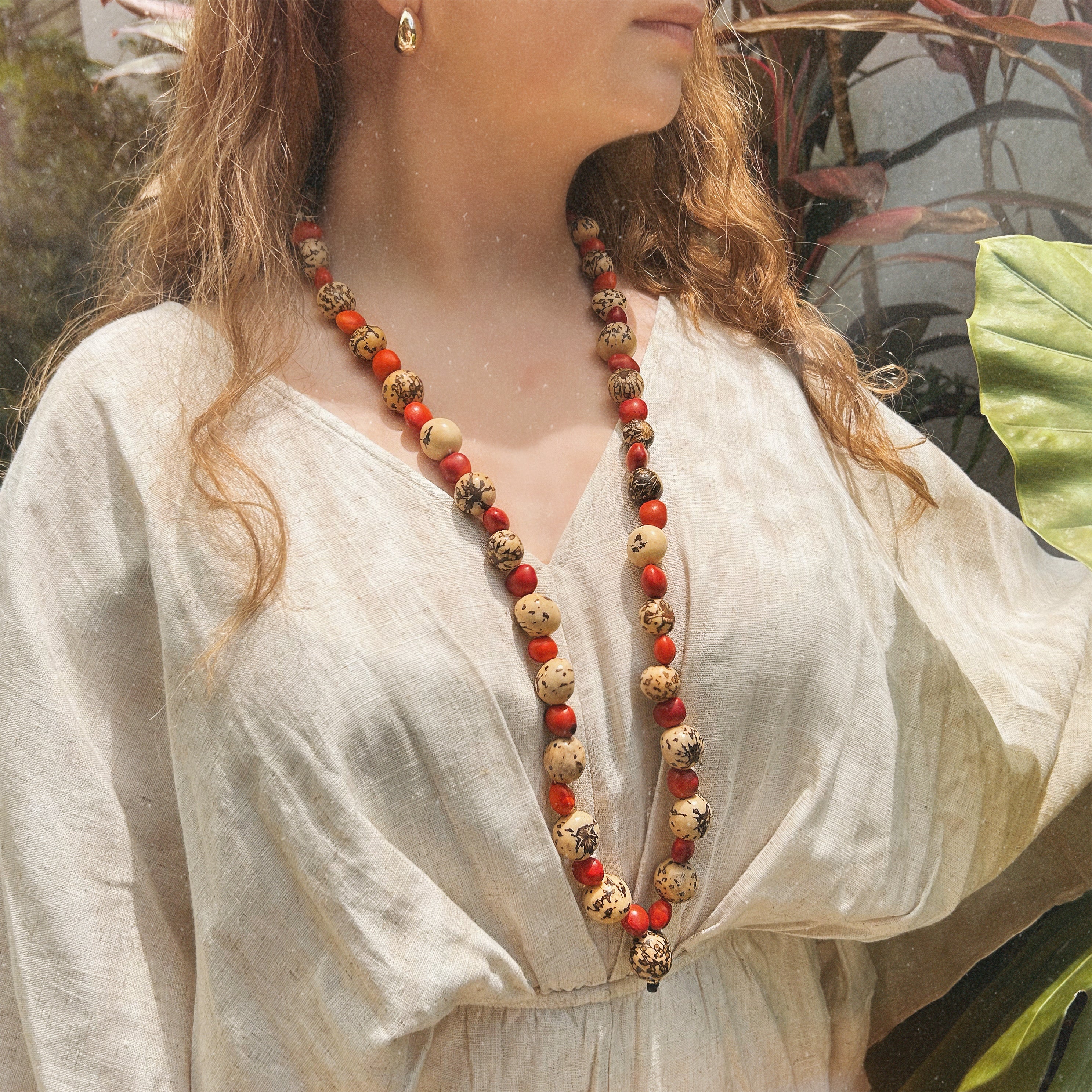 Female Huayruro and Bombona Seeds Long Necklace