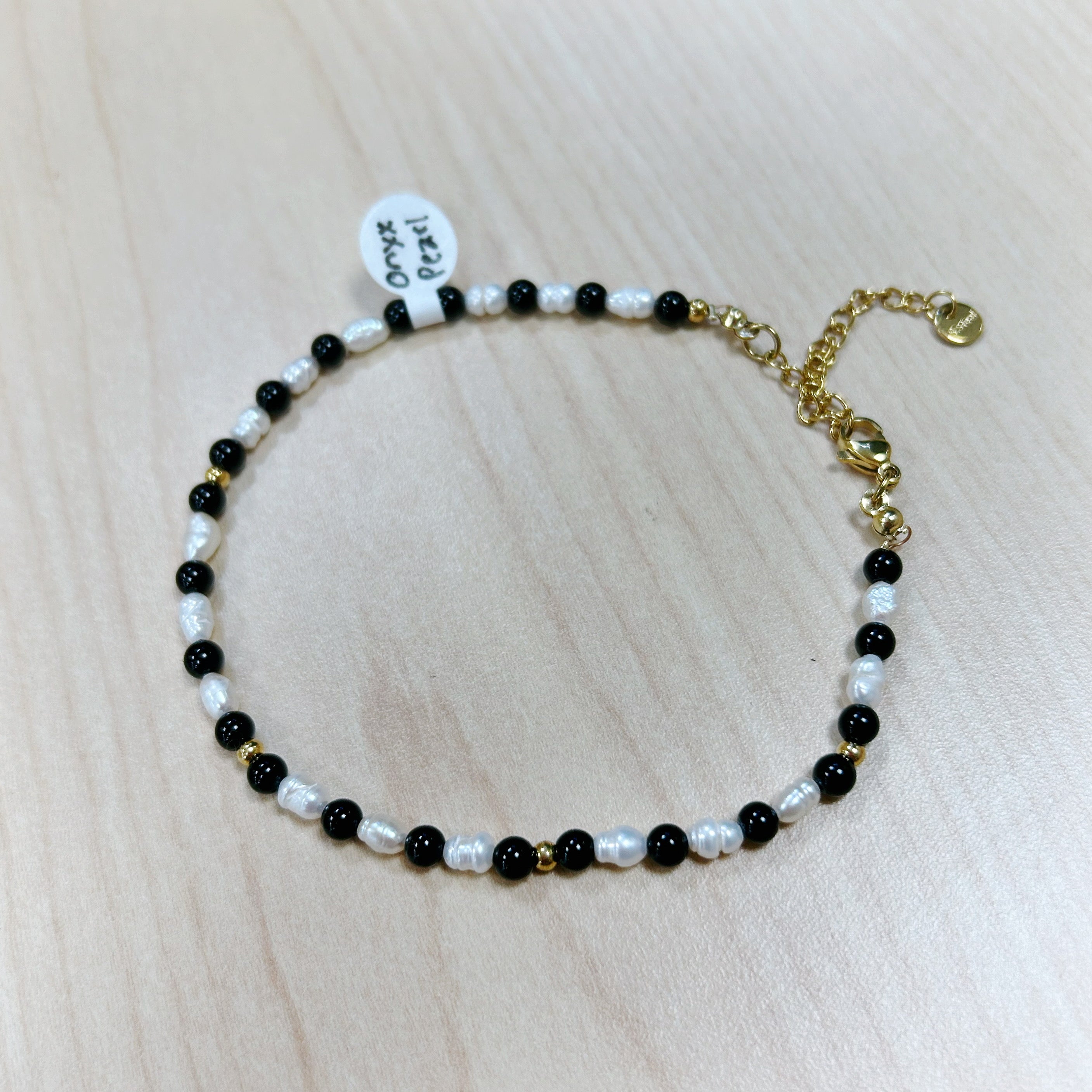 Freshwater Pearl and Onyx Anklet 4mm - Gold Stainless Steel