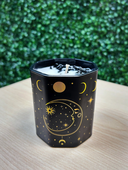 Moon Soy Candle with Clear Quartz and Obsidian