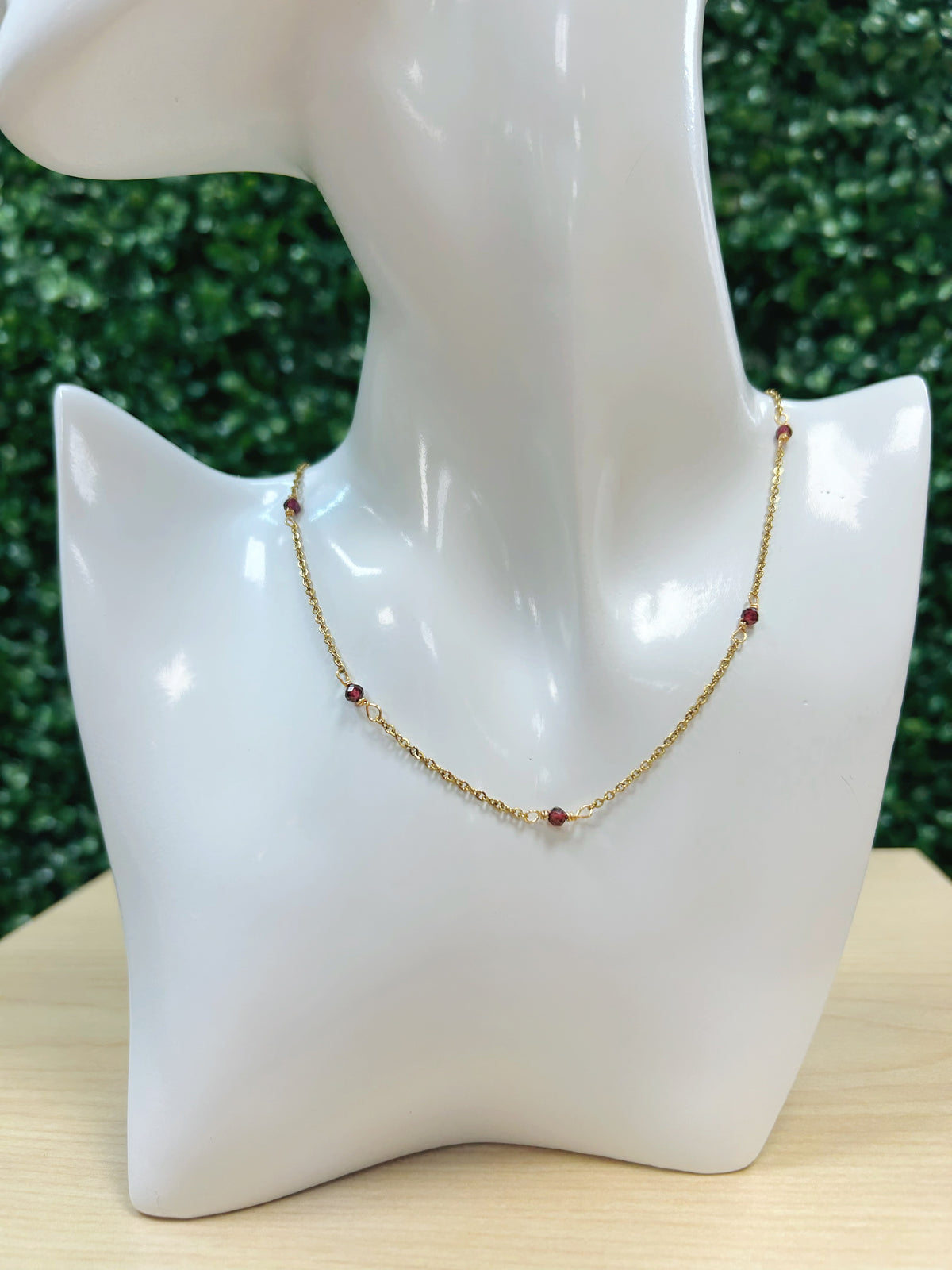 Red Garnet Adjustable Chain Necklace 3mm - Gold Stainless Steel