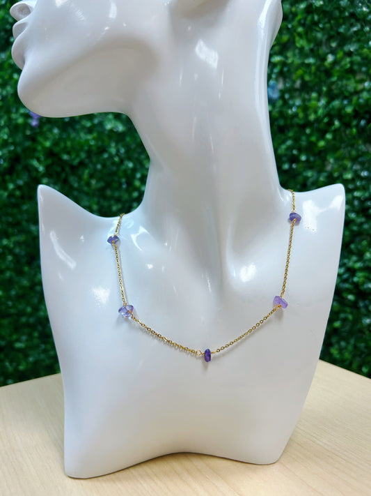 Amethyst Chip Adjustable Necklace 6mm - Gold Stainless Steel
