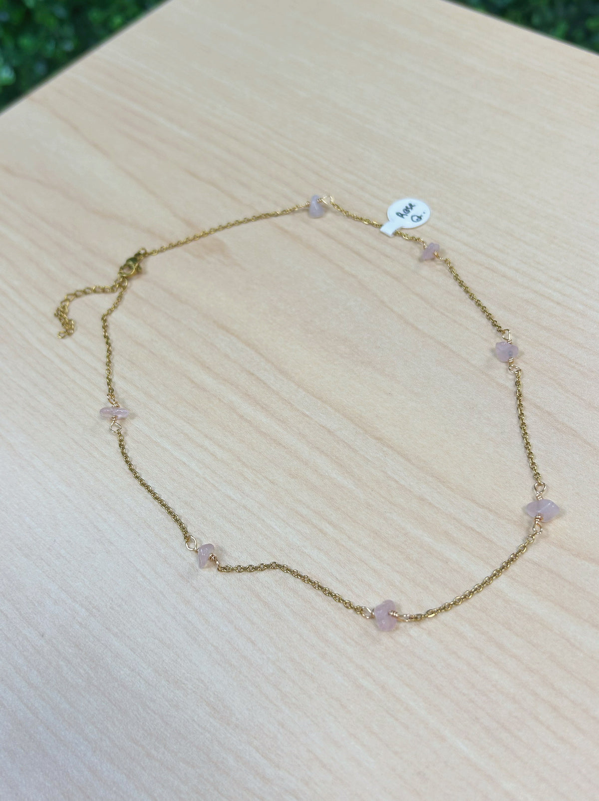 Rose Quartz Chip Adjustable Chain Necklace 6mm - Gold Stainless Steel