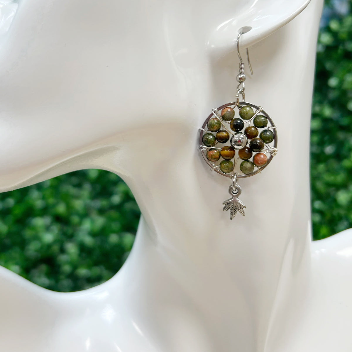 Unakite & Tiger Eye  Dream Catcher Silver Earrings
