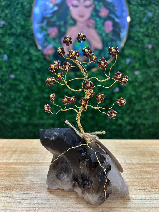 Smoky Quartz & Garnet Flower Tree - Gold