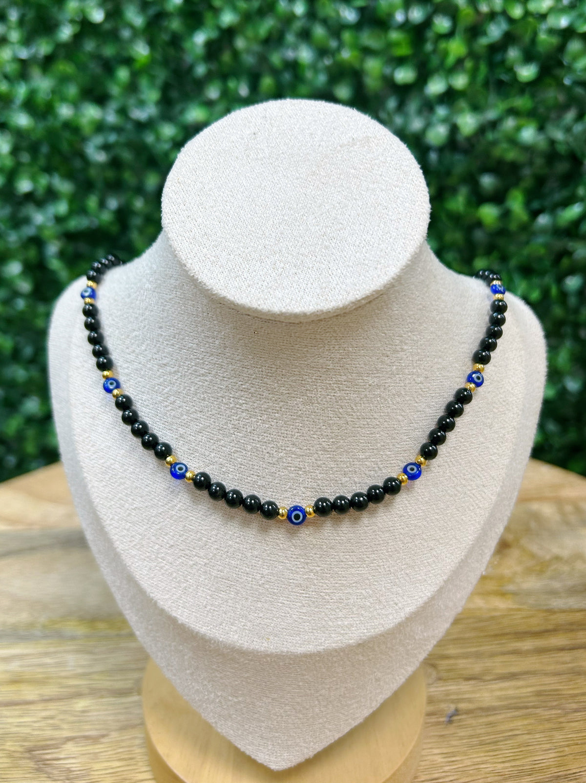 Black Tourmaline and Evil Eye Adjustable Beaded Necklace 4mm