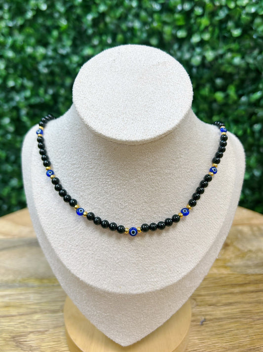 Black Tourmaline and Evil Eye Adjustable Beaded Necklace 4mm