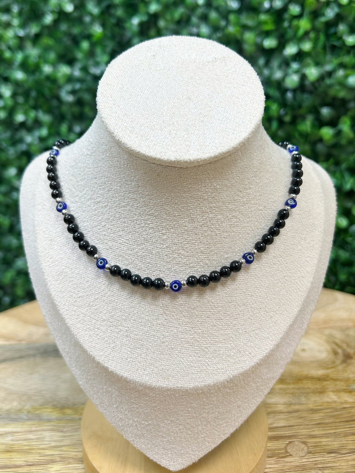 Black Tourmaline and Evil Eye Adjustable Beaded Necklace 4mm