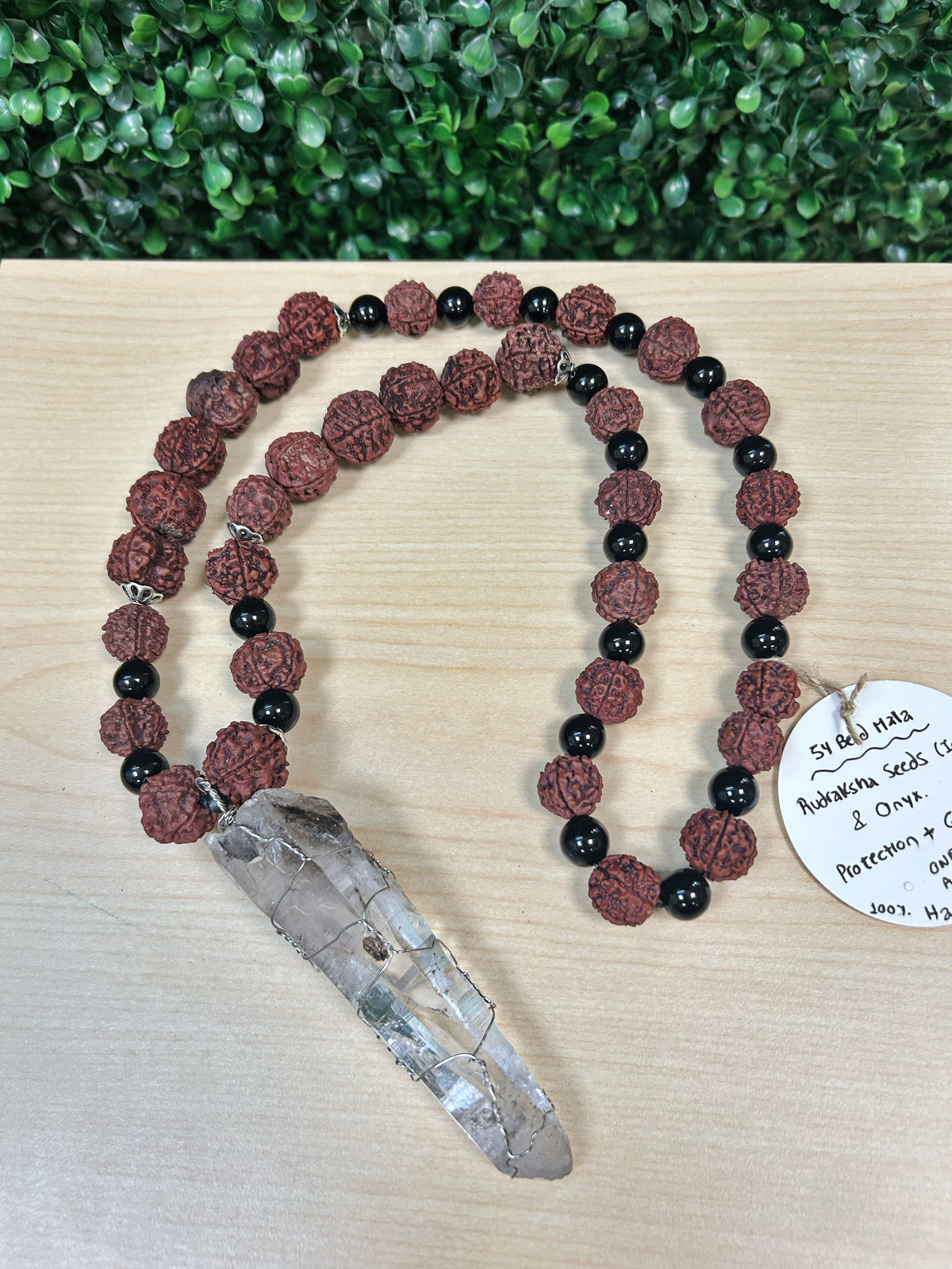 54 Bead Pocket Mala - Large Rudrkasha Seeds from India with Onyx and Quartz Point