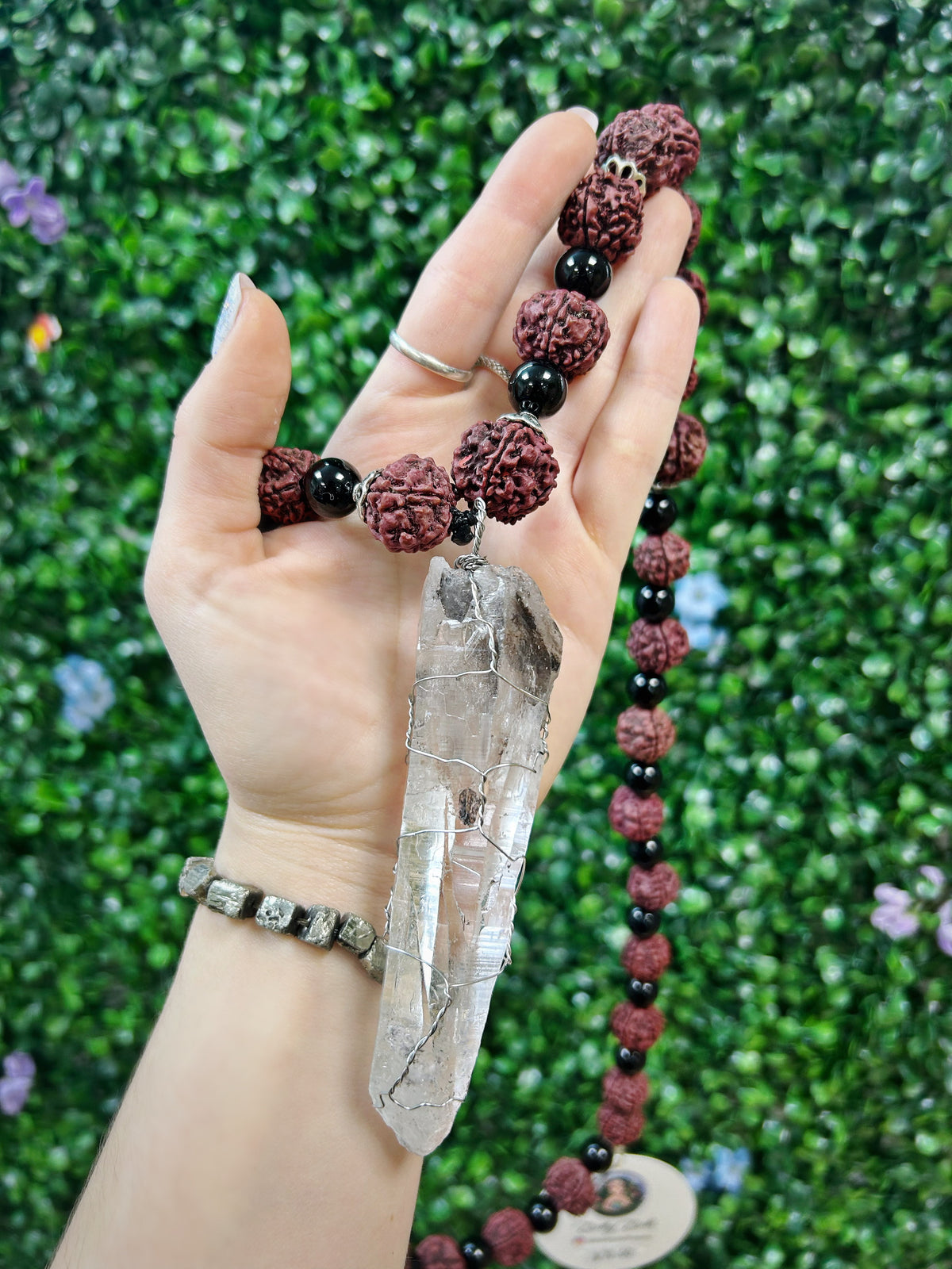 54 Bead Pocket Mala - Large Rudrkasha Seeds from India with Onyx and Quartz Point