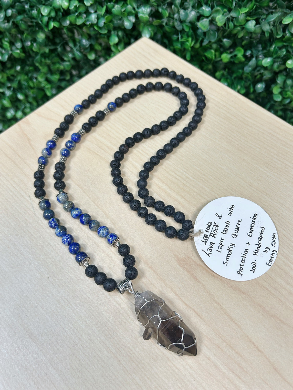 108 Mala Bead Necklace - Lava Rock, Lapis Lazuli and Smoky Quartz