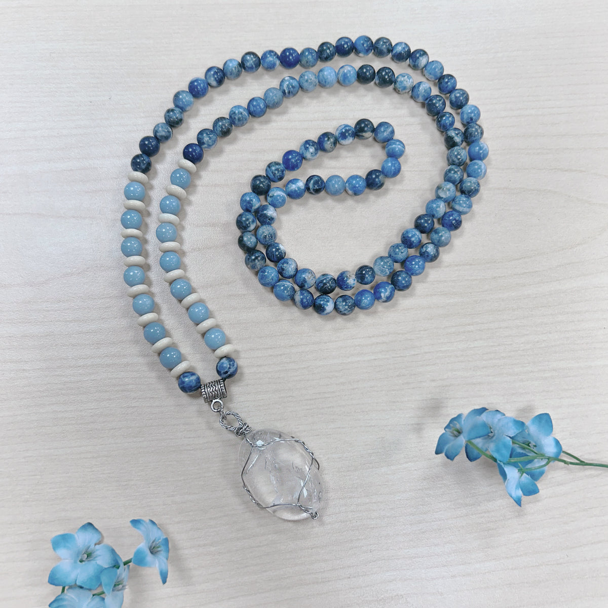 108 Mala Bead Necklace - Sodalite, Angelite and Clear Quartz