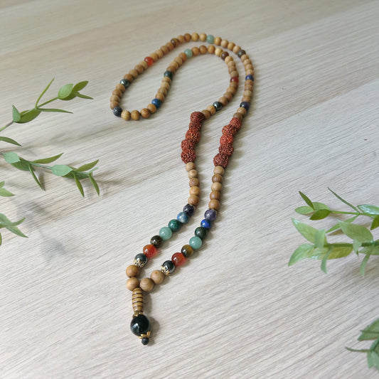 108 Mala Bead Necklace - Seven Chakras and Light Wood