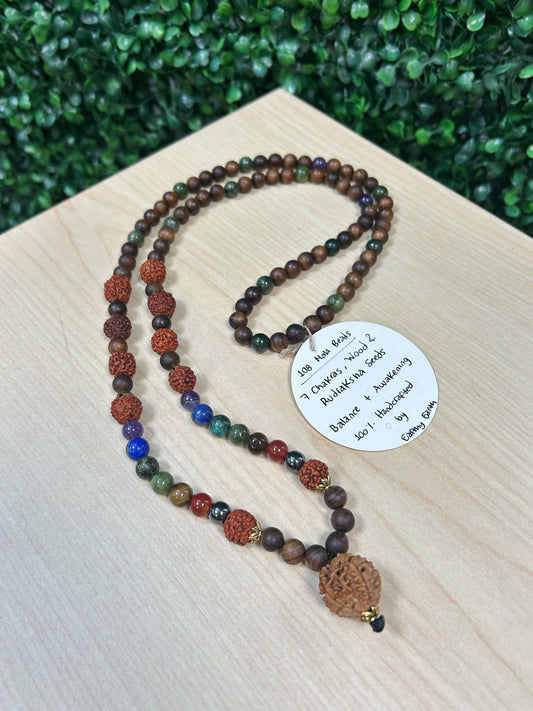 108 Mala Bead Necklace - Dark Wood and Seven Chakras
