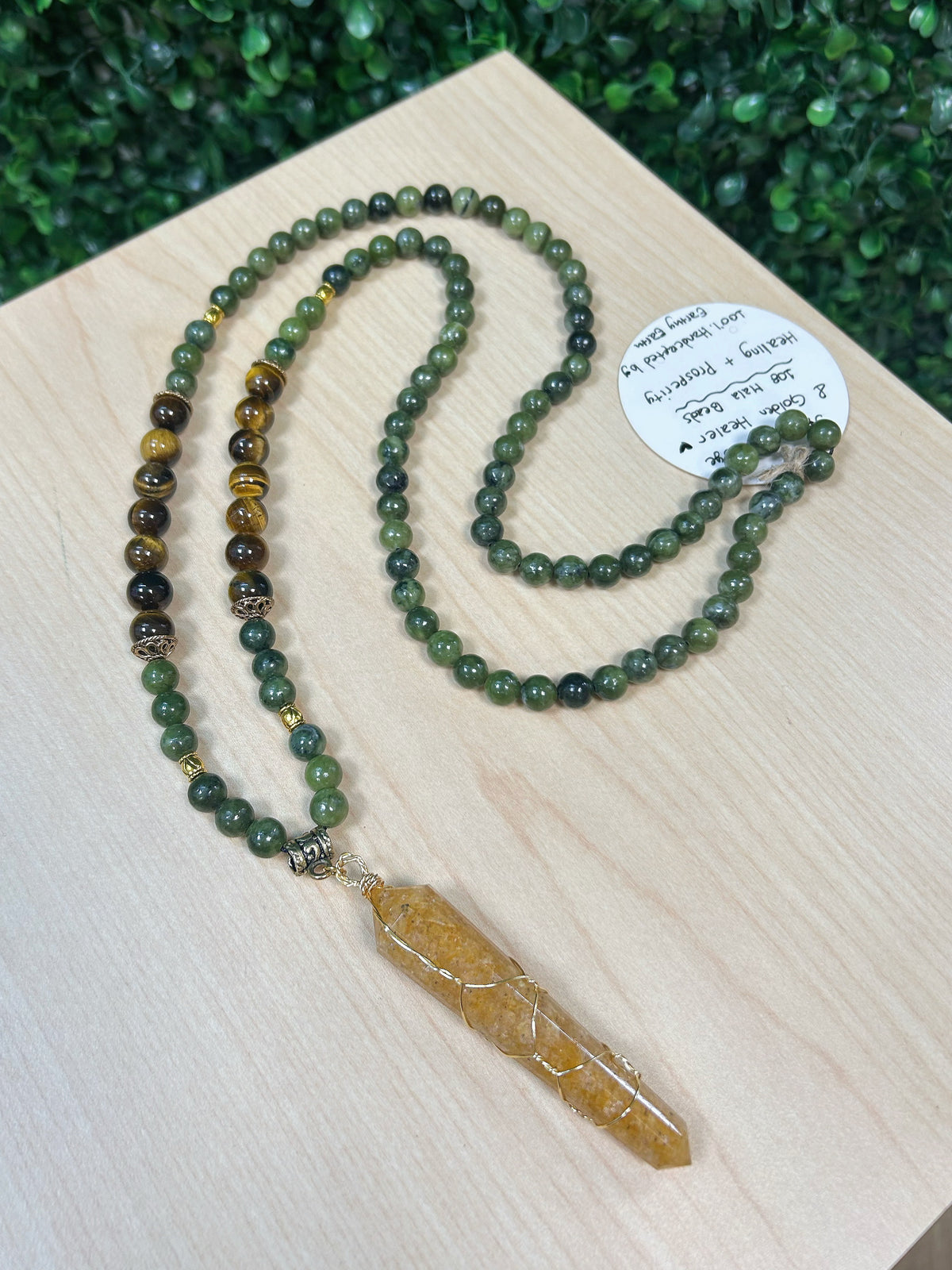 108 Mala Bead Necklace - Jade, Tiger Eye and Golden Healer Point