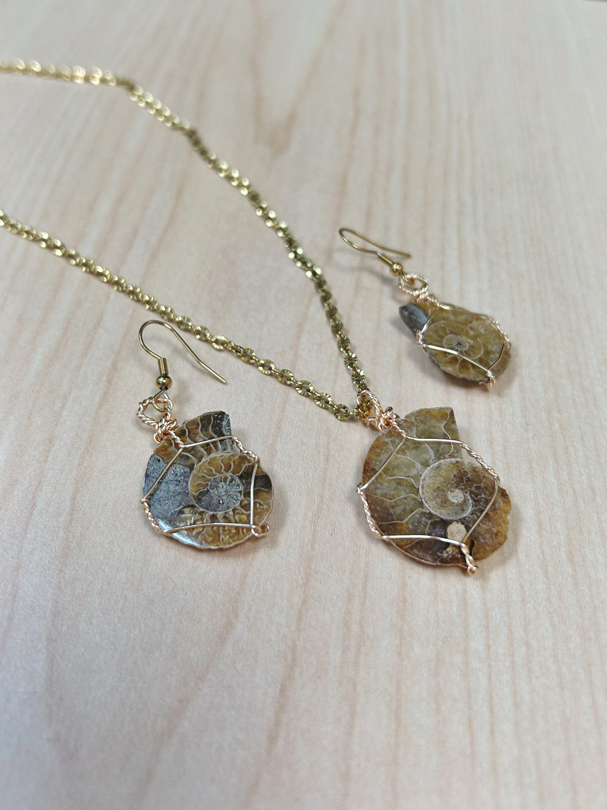 Ammonite Fossil Earrings and Necklace Set