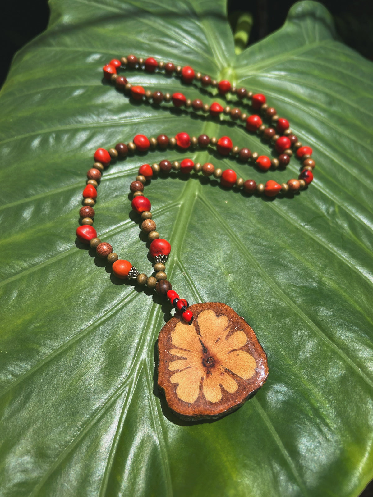 Sacred Ayahuasca with Sandalwood and Female Huayruro Seeds - Long Necklace