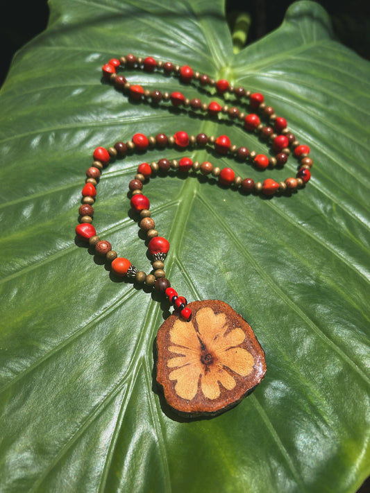 Sacred Ayahuasca with Sandalwood and Female Huayruro Seeds - Long Necklace