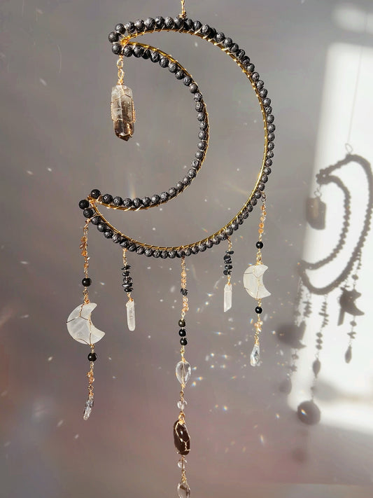 20'' Moon Sun Catcher with Lava Rock, Obsidian, Smoky Quartz, Onyx, Shungite and Selenite