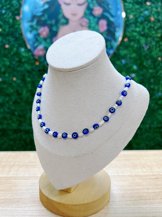 Evil Eye and Freshwater Pearl Adjustable Beaded Necklace 6mm