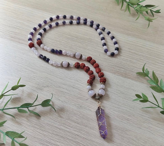 108 Mala Bead Necklace - Amethyst, Rose Quartz and Rudraksha Seeds