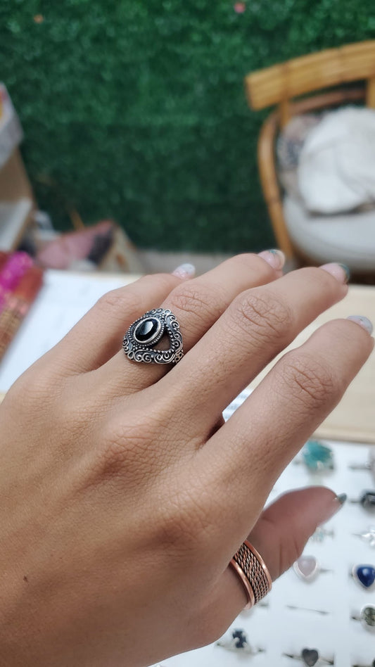 Black Tourmaline Adjustable Ring - Sterling Silver