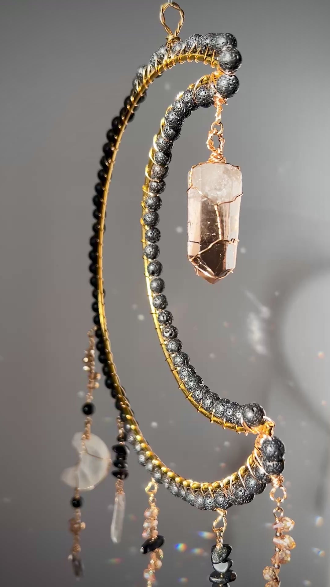 20'' Moon Sun Catcher with Lava Rock, Obsidian, Smoky Quartz, Onyx, Shungite and Selenite
